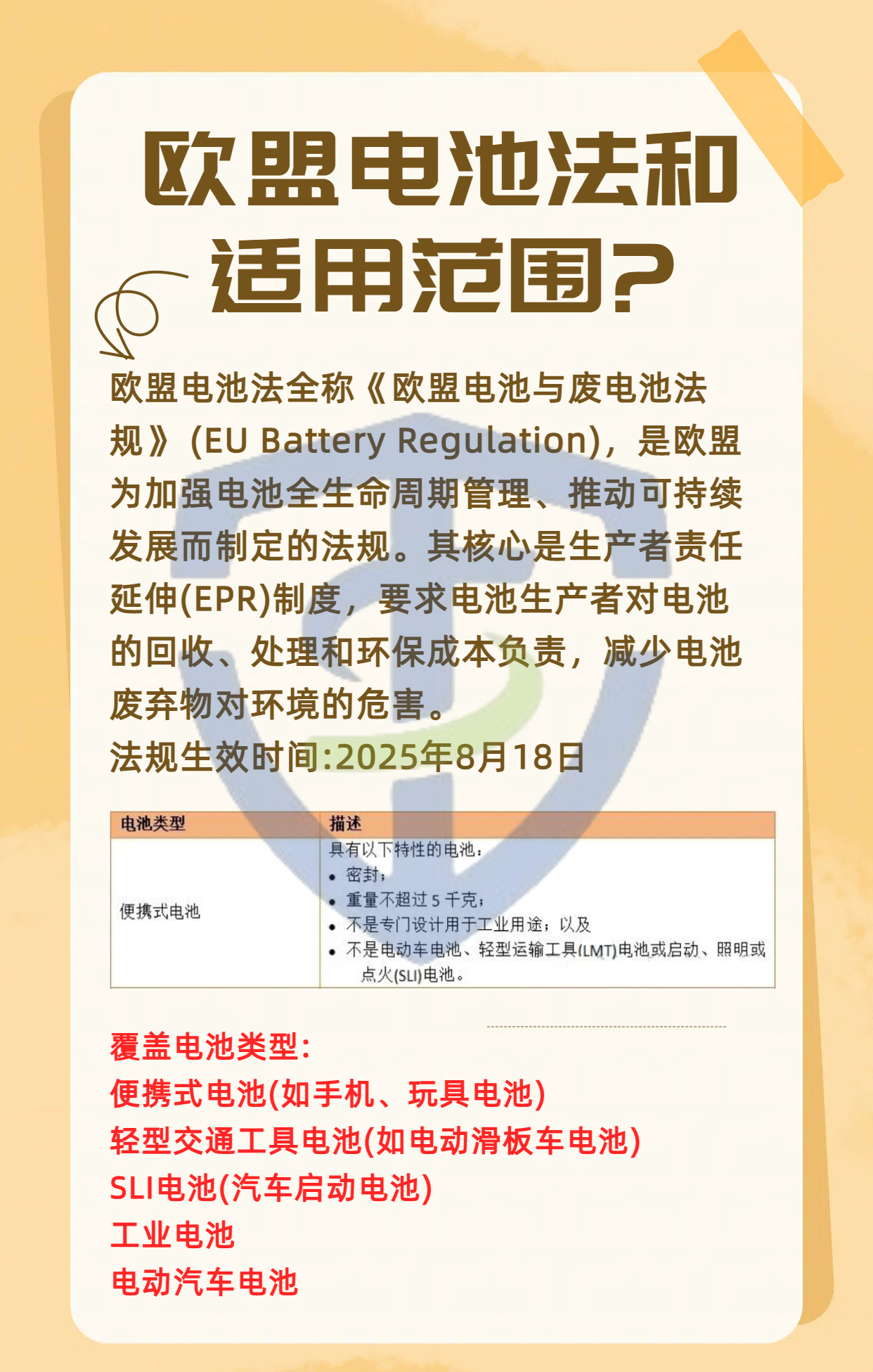 通知：欧盟电池法2025年8月18日将正式生效